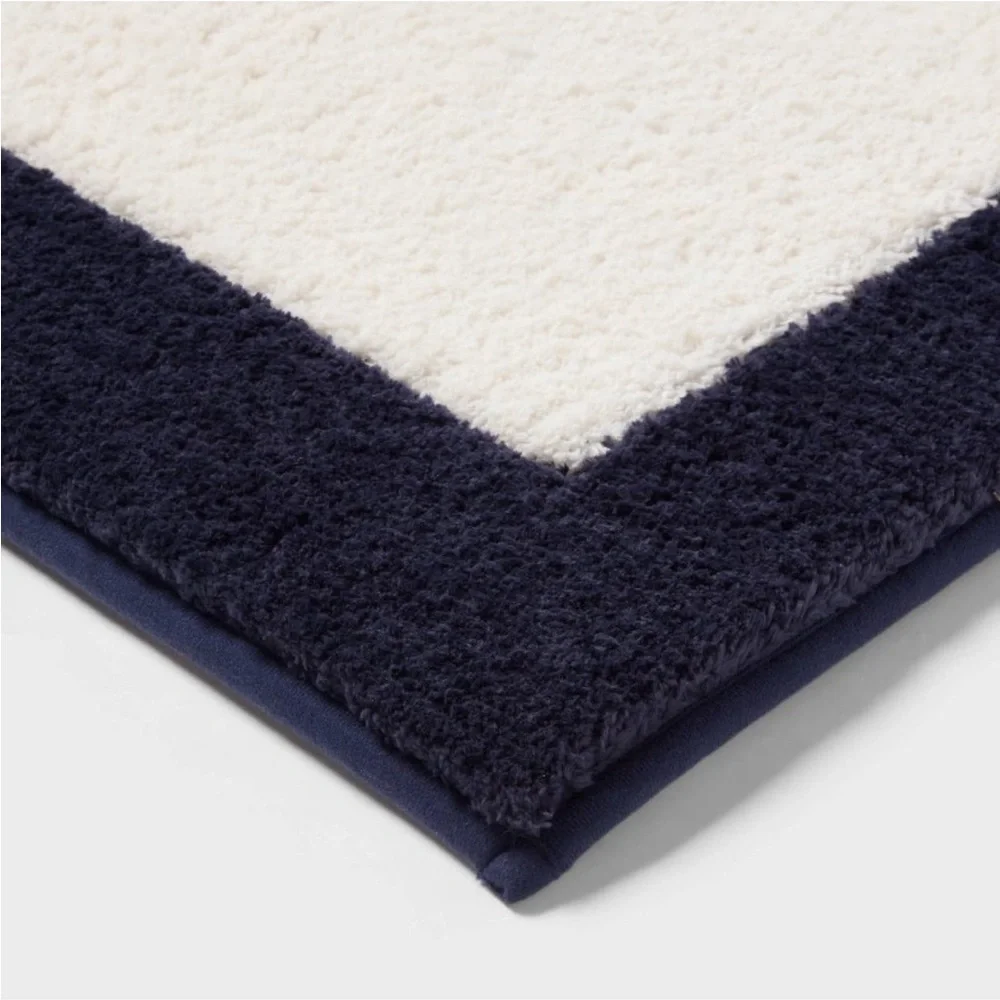 THRESHOLD NEW fluffy border memory foam bath rug -white/navy